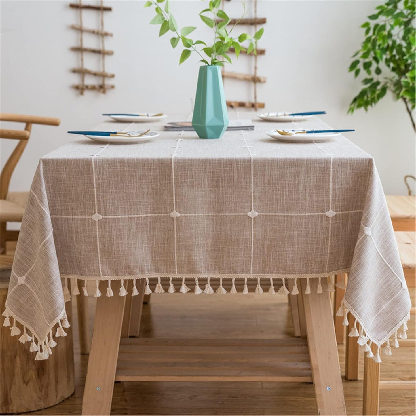Cotton Linen Tablecloth, Tassel Stitching Table Cloth, Wrinkle Free Farmhouse Table Cover for Kitchen Dining, Party, Holiday (Rectangle, 55''x70'', 4-6 Seats, Plaid Beige)
