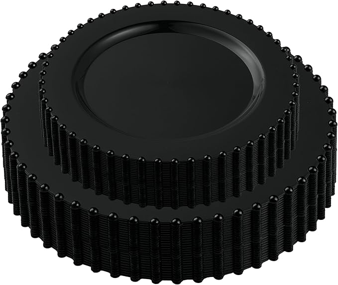 PLASTICPRO 64 Piece Combo Plastic Dinner Plates Disposable Plastic Fancy Heavy Duty Party Dishes 7 inch and 10 inch, Black Beaded