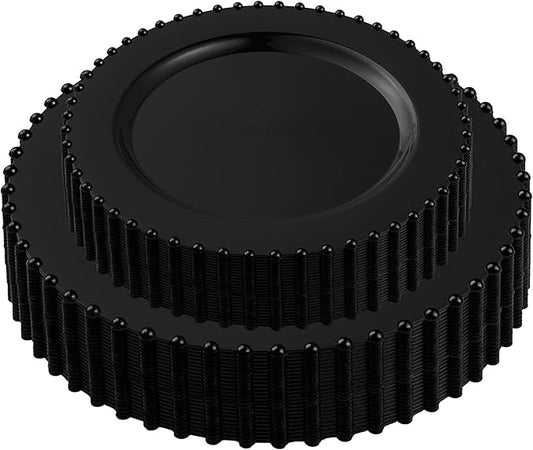 PLASTICPRO 64 Piece Combo Plastic Dinner Plates Disposable Plastic Fancy Heavy Duty Party Dishes 7 inch and 10 inch, Black Beaded