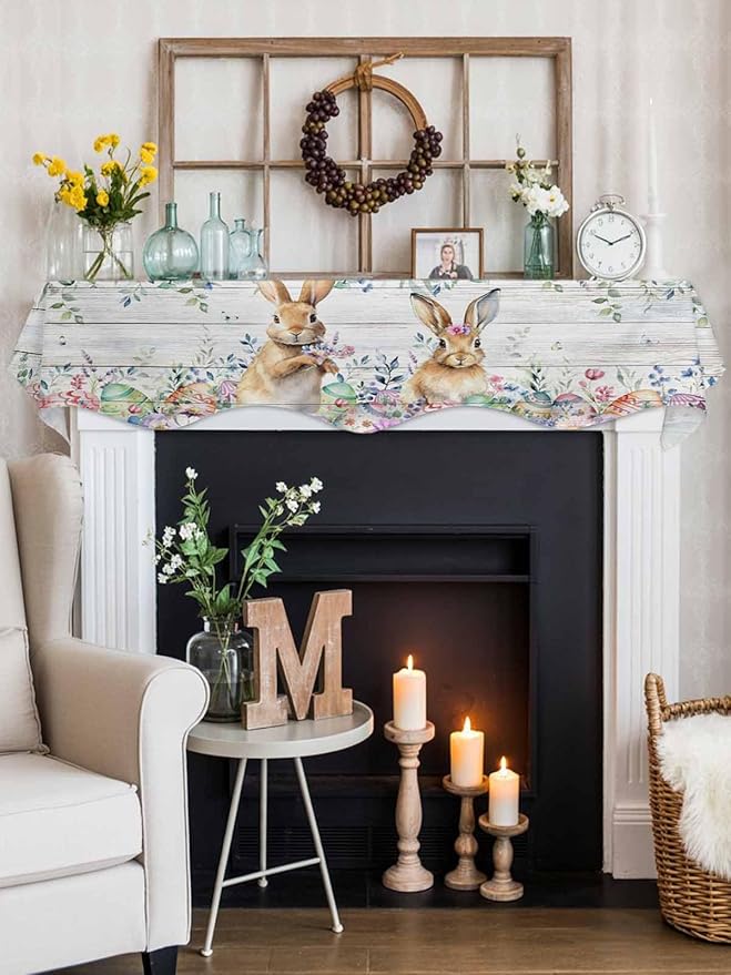 Bunny Easter Fireplace Mantel Scarf Table Runner,Spring Floral Eucalyptus Leaves Weeping Wooden Winter Garland Mantel Top Tablerunners Dresser Scarves Cover for Windows Party Living Room 60"x17"