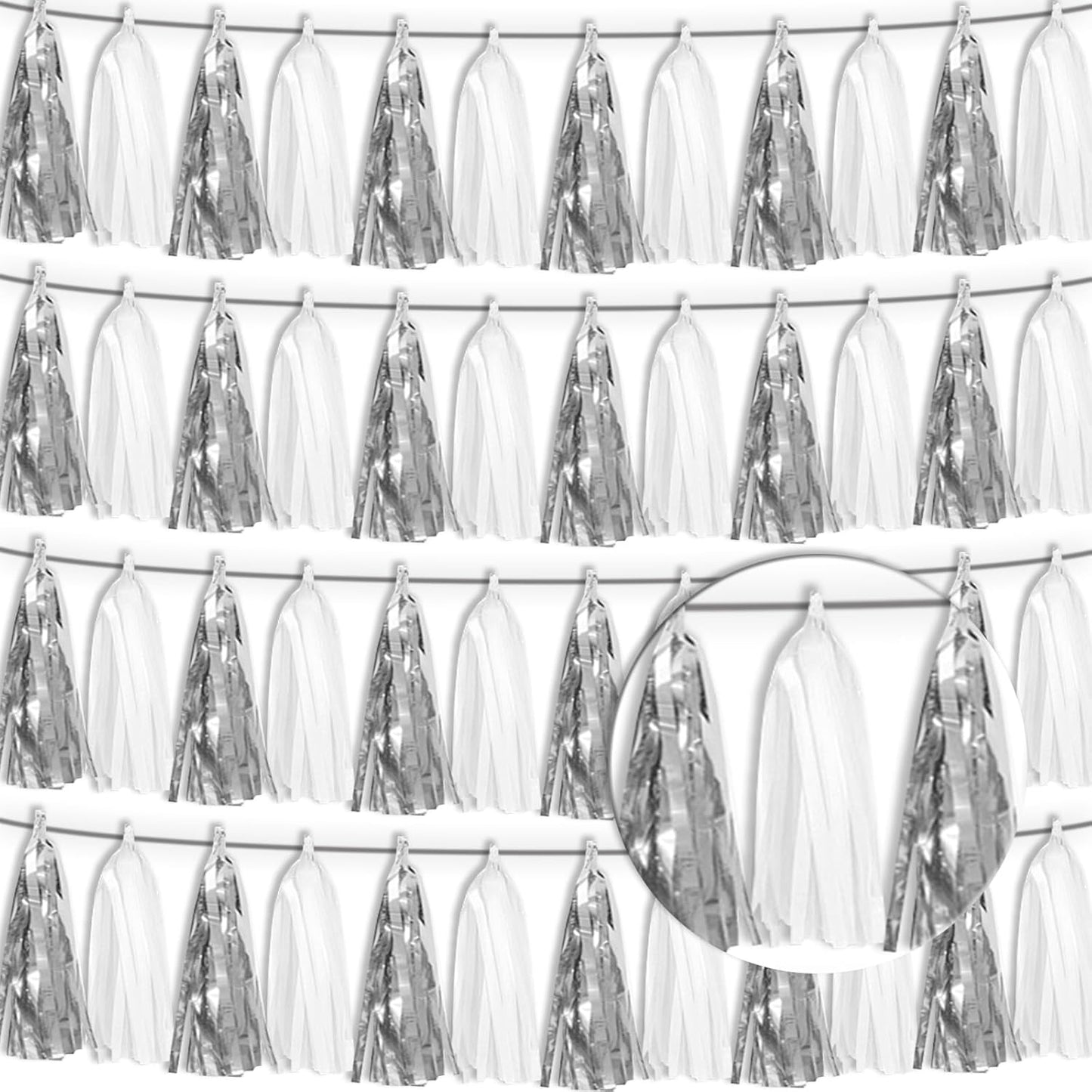 4P White Silver Tassel Banner Garland Metallic Foil Fringe Banner Tinsel Tassels Streamer Banner Backdrop for Parade Floats, Graduation Bridal/Baby Shower Retirement Party Decorations