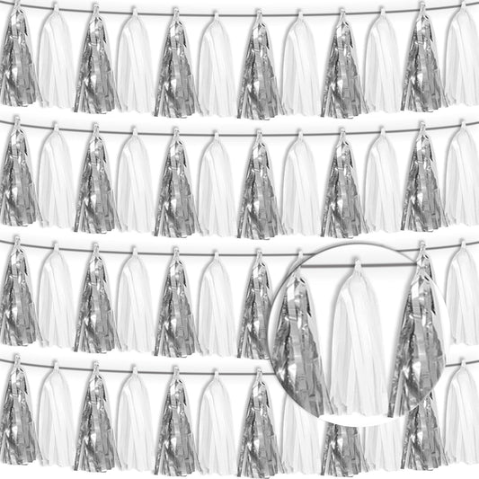 4P White Silver Tassel Banner Garland Metallic Foil Fringe Banner Tinsel Tassels Streamer Banner Backdrop for Parade Floats, Graduation Bridal/Baby Shower Retirement Party Decorations