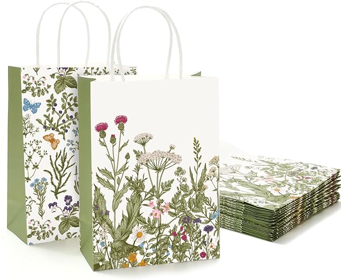 36Pcs Sage Green Wildflower Paper Gift Bags Vintage Wild Floral Party Favor Bags with Handles Decorative Goodie Candy Treat Bags for Spring Wedding Baby Shower Birthday Party Supplies