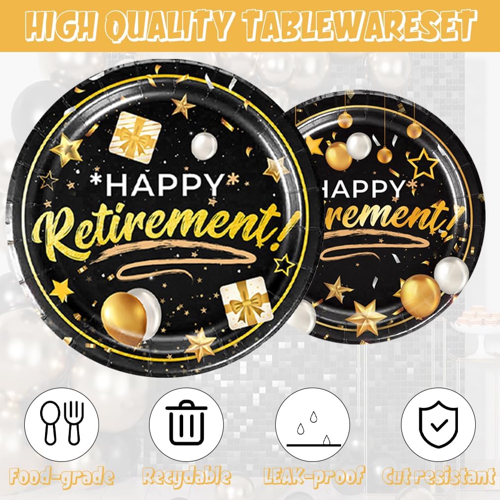 141pcs Retirement Party Decorations,Black Gold Party disposable tableware Includes Dinner Plate Dessert Plate Paper Napkin Cup Knife Fork Straws Tablecloth Black Gold Retirement Supplies set