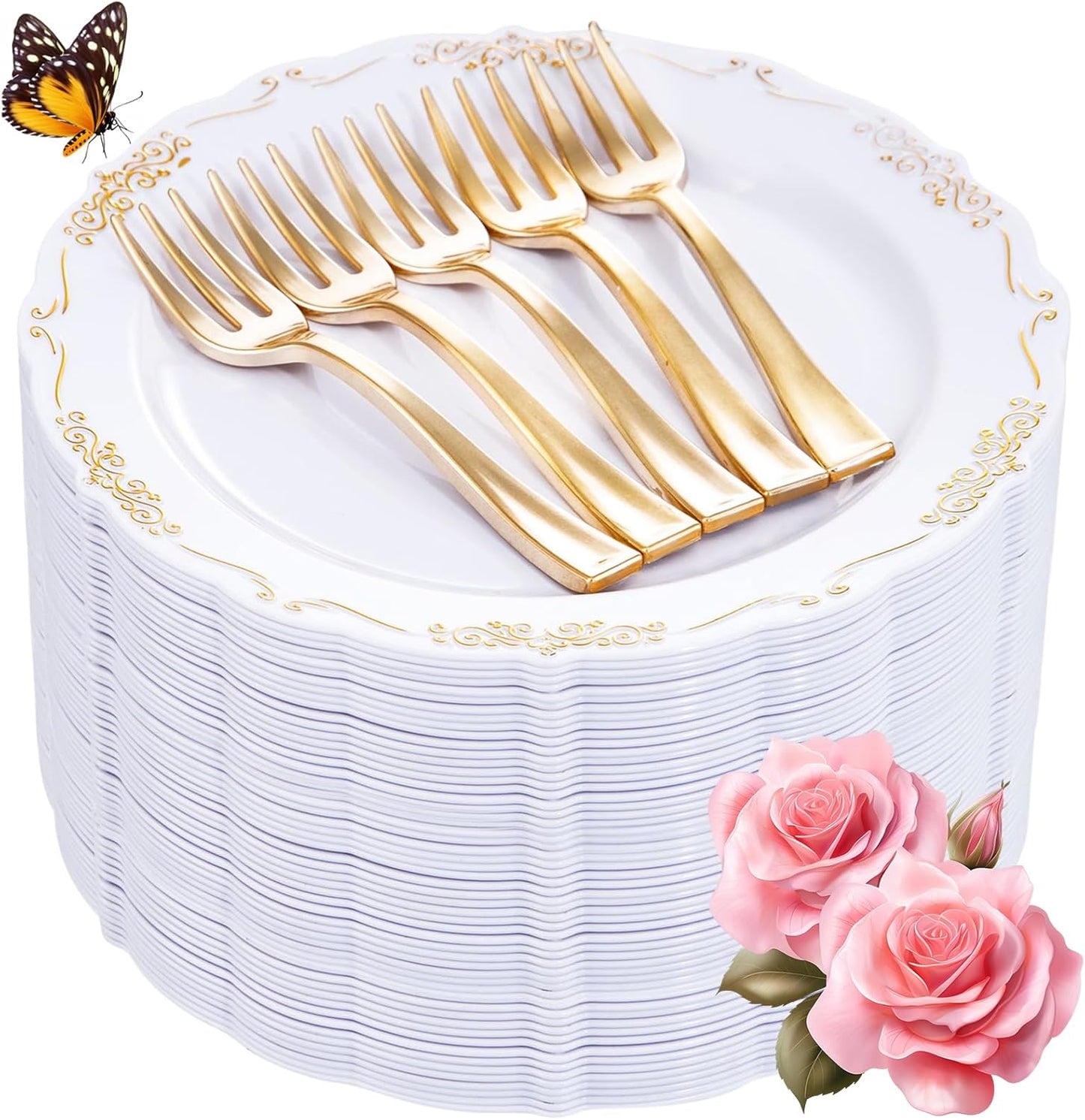 LIYH 200 Pcs Gold Dessert Plates,100 Pcs Appetizer Plates 7.5" and 100 Pcs Gold Plastic Forks 5",Cake Plates,Disposable Salad Plate Wedding Cake Plate Forks Perfect for Parties,Birthdays,Wedding