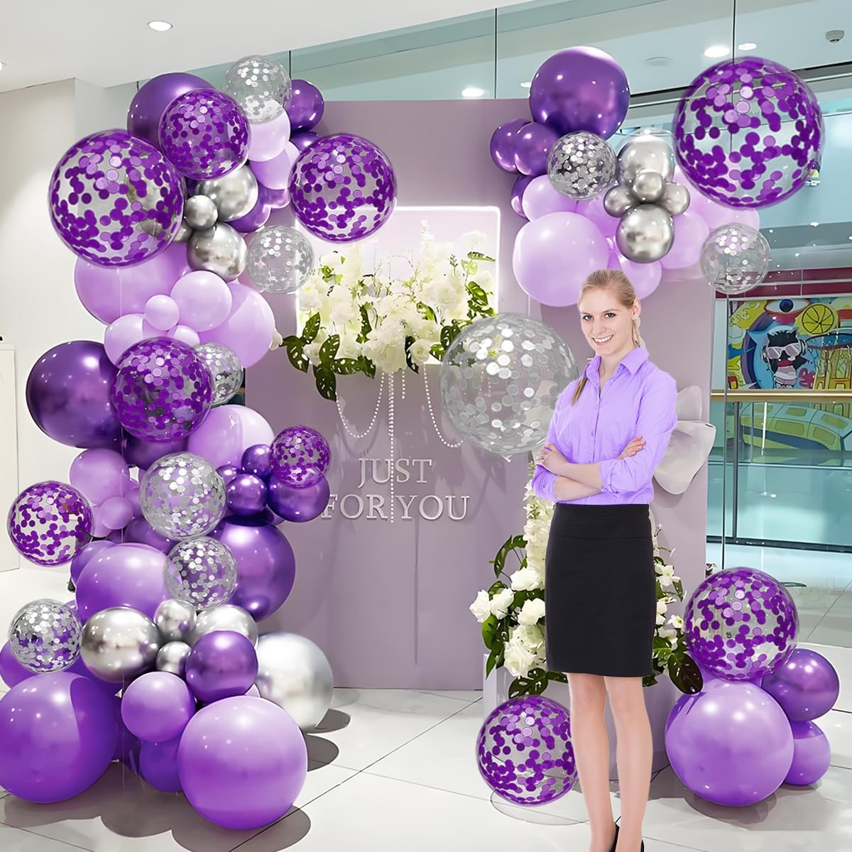 Purple and Silver Balloon Garland Arch Kit, 155Pcs Lavender Pastel Purple Lilac and Silver Confetti Balloons for Girls Women Wedding Birthday Baby Shower Graduation Party