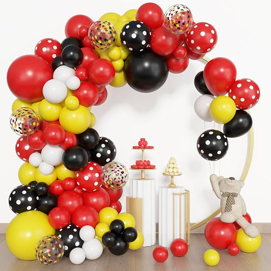 Amandir 153pcs Red Yellow Black Balloon Garland Arch Kit, Different Sizes 18 12 10 5 inch Red Yellow Black Dot Latex Confetti Balloons for Cartoon Mouse Birthday Party Decoration