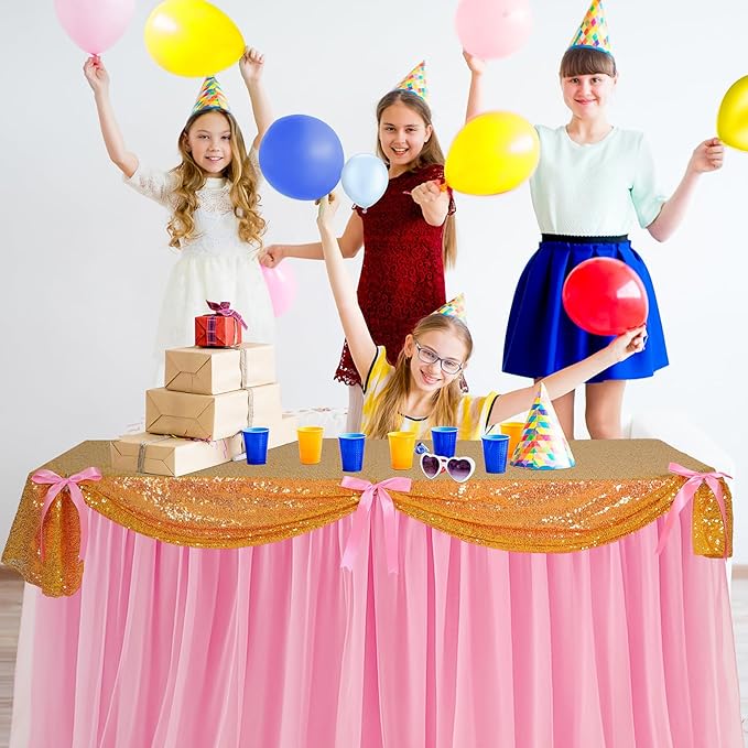 5 Pcs Fairytale Themed Party Table Cover Pink and Gold Sequin Tulle Table Skirt 30 x 108 Inch Century Slumber Fantasy Cloth for Birthday Party Decor Supplies