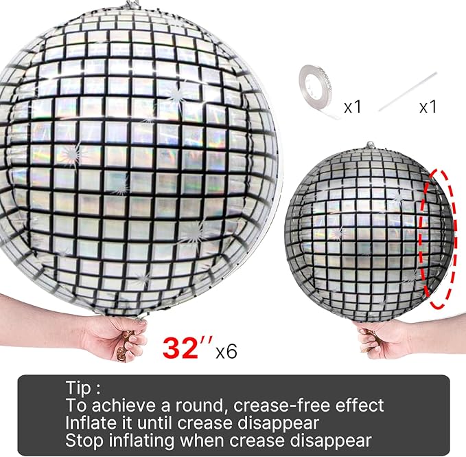 PartyWoo Silver Disco Ball Foil Balloons 6pcs 32 Inch Large Round Foil Big Giant 4D Jumbo Inflatable Mirror Ball Mylar Balloons for Graduation Birthday Engagement Space Themed Party Decorations