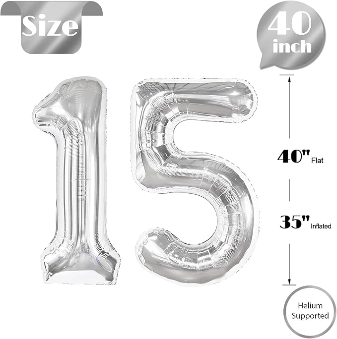 Silver Number 15 Balloon 40 inch, 15 Number Balloons, 15th Silver Birthday Decorations for Girls Boys Kids, 15 Year Old Silver Party Supplies