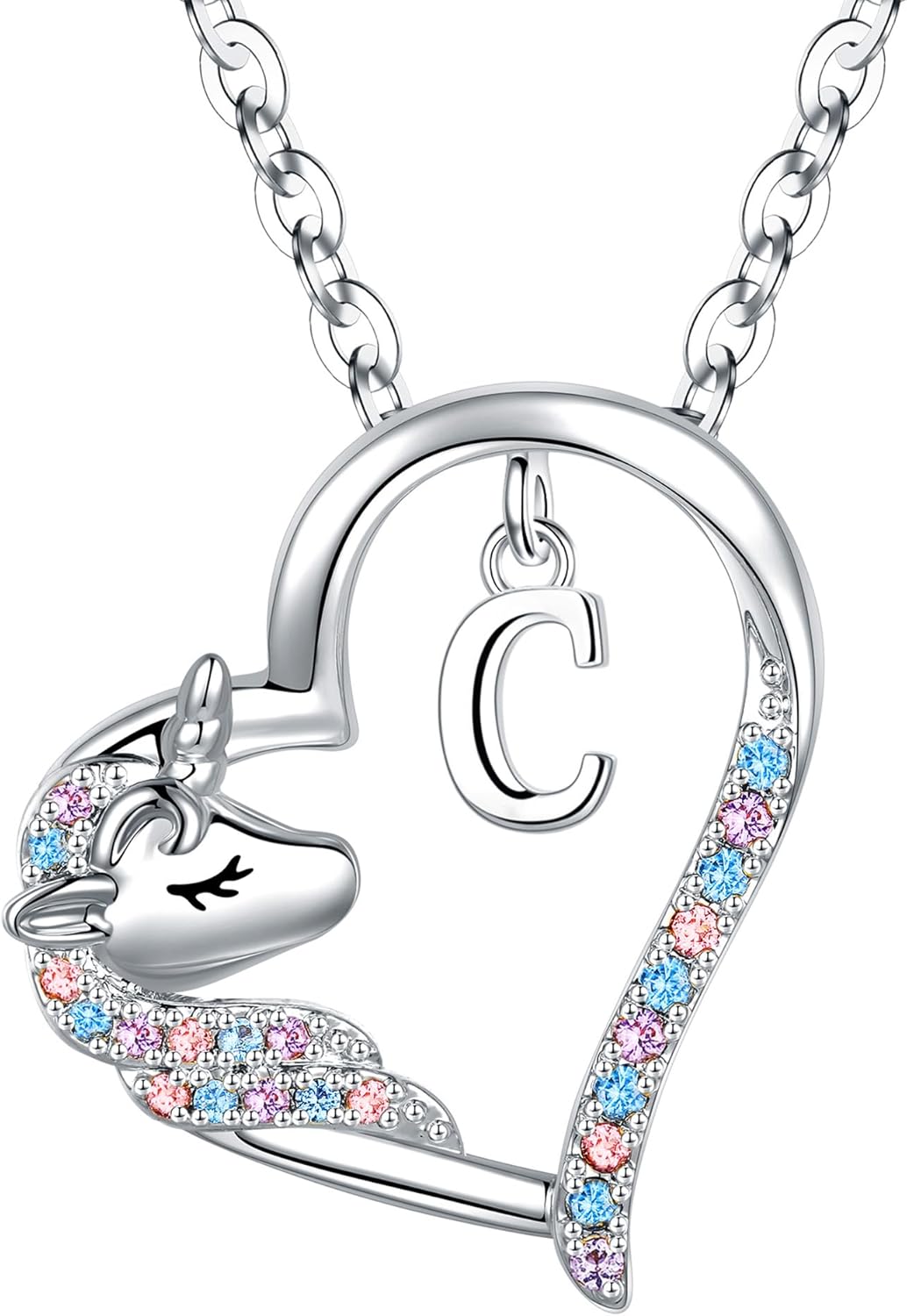 Anoup Unicorn Gifts for Girls Necklace - Colorful CZ Heart Pendant A-Z Initial Necklaces Cute Unicorns Jewelry Birthday Gift for Girl