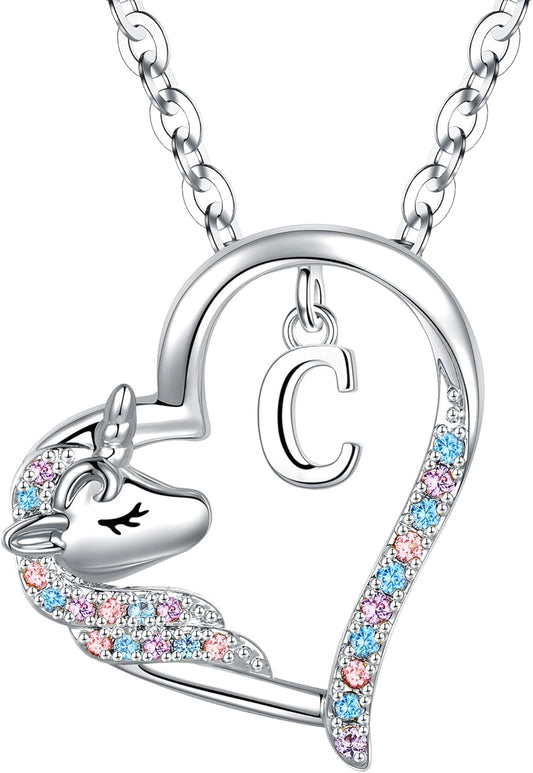 Anoup Unicorn Gifts for Girls Necklace - Colorful CZ Heart Pendant A-Z Initial Necklaces Cute Unicorns Jewelry Birthday Gift for Girl