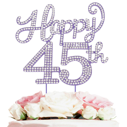 Happy 45th Birthday Purple Rhinestone Cake Topper - 45th Birthday/Anniversary,Cheers to 45 Years Old Bday Party Metal Sparkly Centerpieces Decorations.