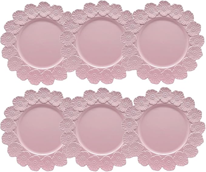 Pink Charger Plates with Flower Rim, 13" Round Charger for Dinner Plates, Set of 6 Plastic Plate Chargers for Wedding, Table Setting