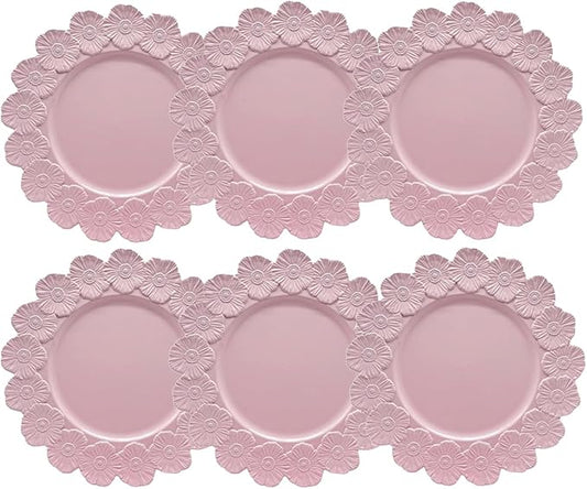 Pink Charger Plates with Flower Rim, 13" Round Charger for Dinner Plates, Set of 6 Plastic Plate Chargers for Wedding, Table Setting