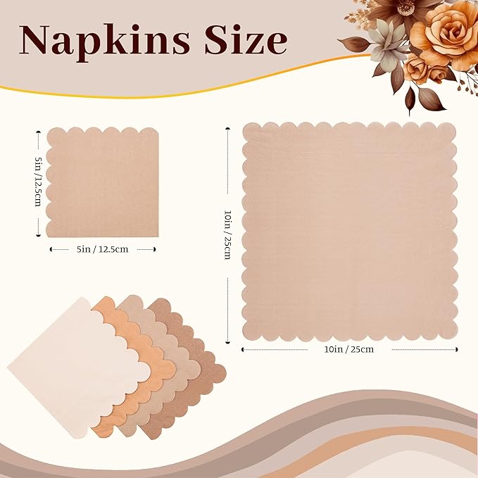 100 Pcs Light Brown Scalloped Napkins Gradient Color Cocktail Napkin Folded 5 x 5 Beverage Napkins Disposable Paper Napkins for Birthday Party Supplies
