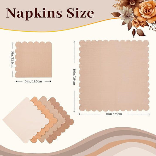 100 Pcs Light Brown Scalloped Napkins Gradient Color Cocktail Napkin Folded 5 x 5 Beverage Napkins Disposable Paper Napkins for Birthday Party Supplies