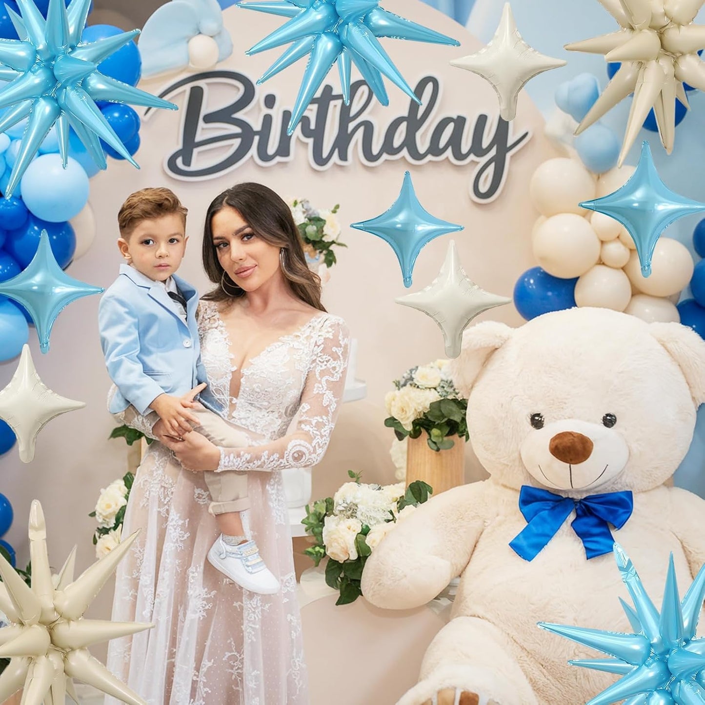 Blue White Star Balloon,Sand White Blue 6Pcs 22Inch Explosion Star Balloons and 10Pcs 10Inch Four Angle Balloons Kit for Birthday Anniversary Baby Shower Wedding Party Decorations