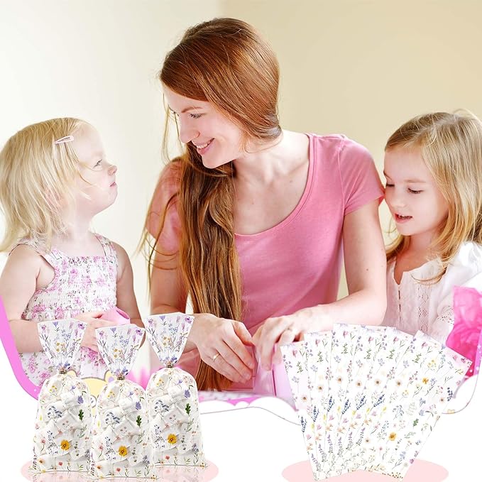 Sanixin 150Pcs Wildflower Party Cellophane Treat Bags Floral Goodie Candy Bags for Baby Shower Mother's Day Wedding Bridal Shower Birthday Party Supplies