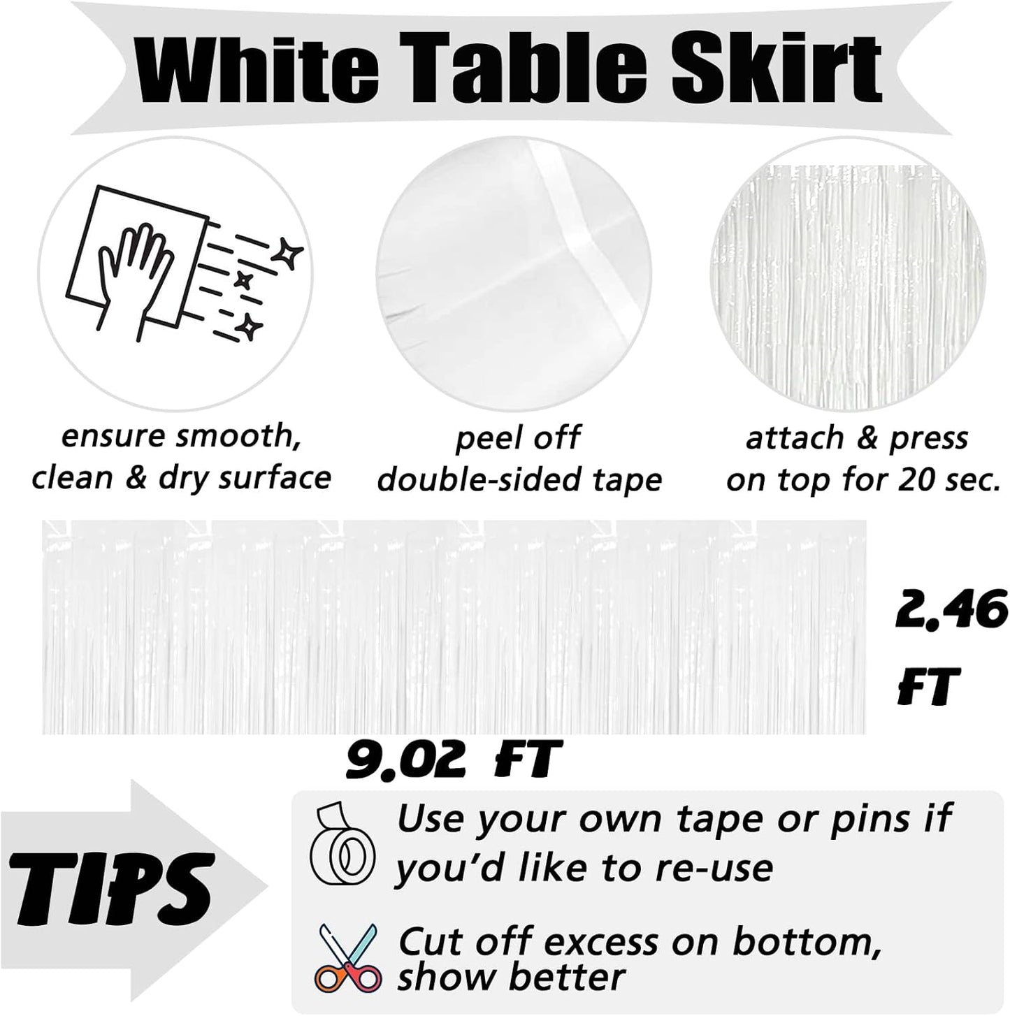 6 Pack 29x108 Inch White Metallic Foil Fringe Table Skirts Banner for Tinsel Streamer Garland Curtains Backdrop for Parade Floats Wedding Baby Shower Birthday Christmas Halloween Party Decoration