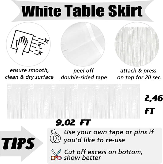 6 Pack 29x108 Inch White Metallic Foil Fringe Table Skirts Banner for Tinsel Streamer Garland Curtains Backdrop for Parade Floats Wedding Baby Shower Birthday Christmas Halloween Party Decoration