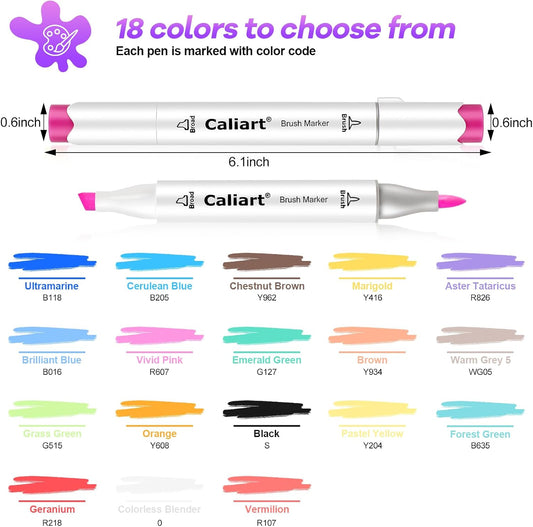 Caliart Markers Brush & Chisel, 18 Colors Alcohol Markers for Adult Coloring Book, Dual Tip Art Pen Set for Artist Illustration Sketch Drawing Gift