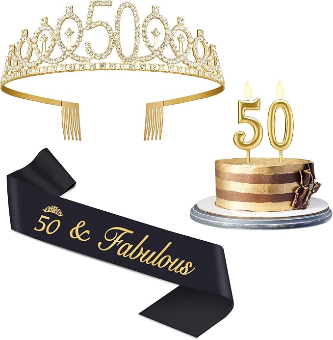 50th Birthday Decorations for Women with Crown, Sash, Candles for Womens 50th Birthday Decorations Gold and Black