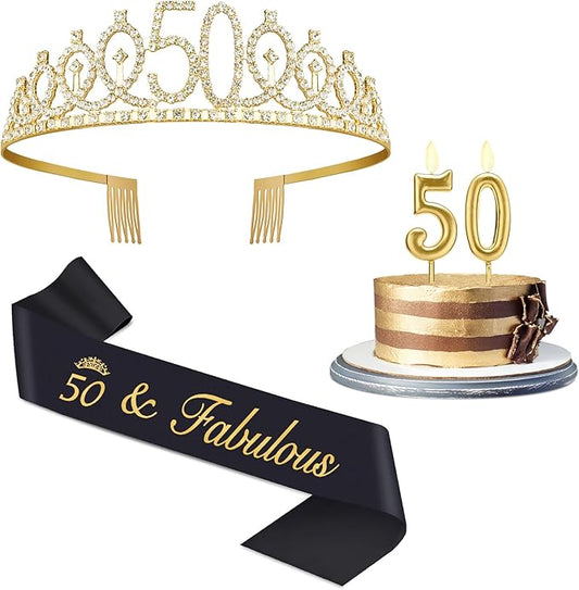 50th Birthday Decorations for Women with Crown, Sash, Candles for Womens 50th Birthday Decorations Gold and Black