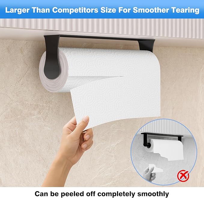 Paper Towel Holder Under Cabinet, Black, Adhesive & Wall Mount, Under Counter Paper Towel Rack for Kitchen and Bathroom, Home and Kitchen Decor