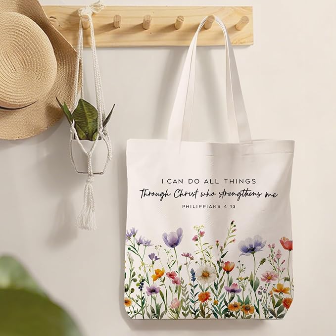 Preppy Floral Aesthetic Tote Bag for Women,Printed Canvas Tote Bag for Girls,Christian Gifts for Women Faith,Watercolour Aesthetic Reusable Shopping Grocery Bags Party Favors