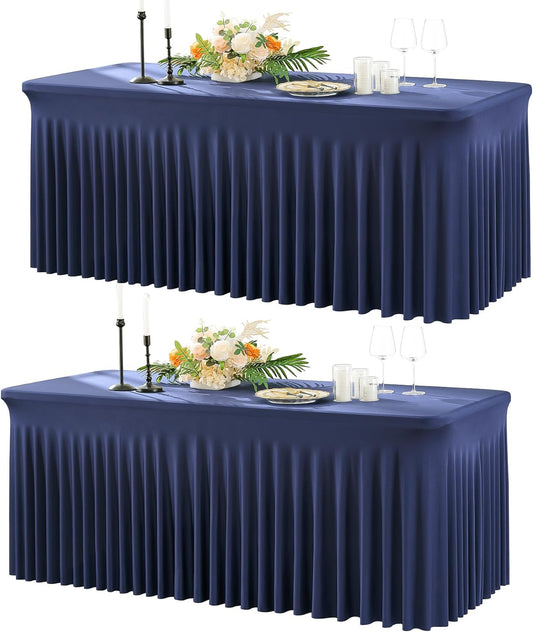 2 Pack Navy Blue Spandex Table Cloth for 6 Foot Rectangle Tables, Wrinkle Free Stretchy Tablecloths with Skirt Fitted Table Covers for Parties Weddings Birthday Banquet Baby Shower