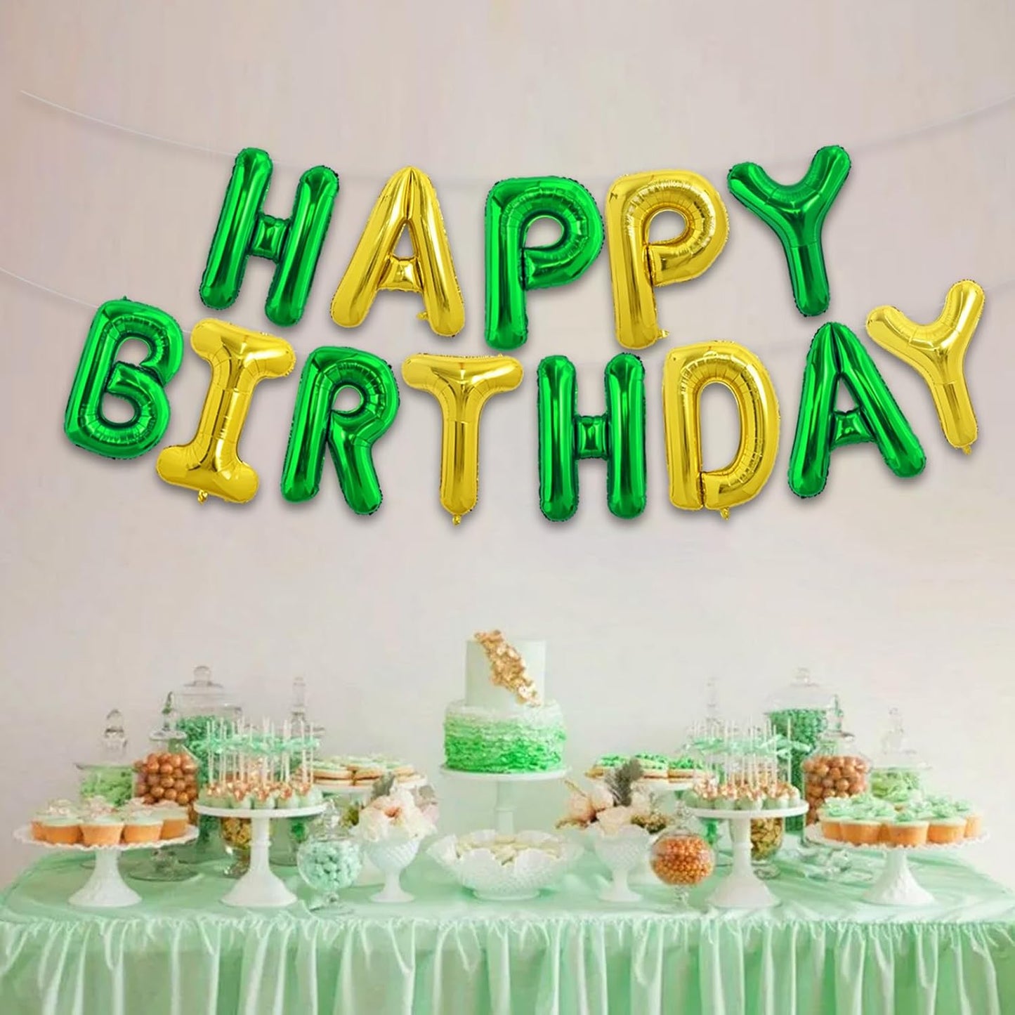 TONIFUL Happy Birthday Balloons Banner 16 Inch Mylar Foil Letters Birthday Sign Reusable for Girls Boys Kids & Adults Birthday Party Decorations Supplies（Green Gold）