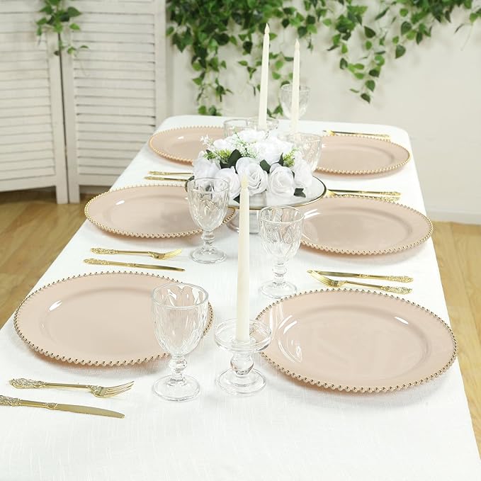 Efavormart 10-Pack Economy Plastic Charger Plates 13" Round Taupe with Gold Beaded Rim - Stylish Dinner Party Serving Plates