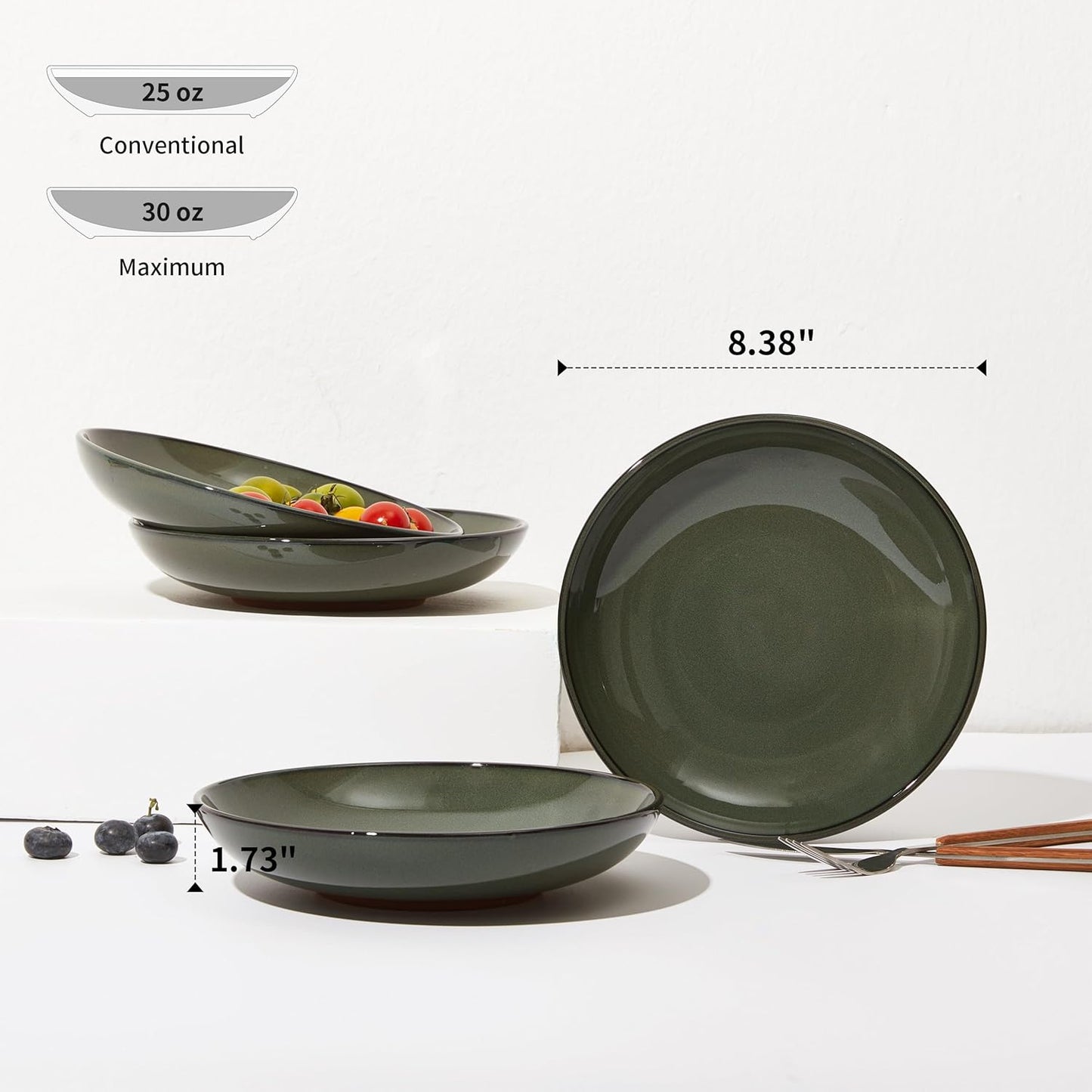 Pasta Bowls Set of 4, Reactive Glaze Salad Bowl 30 oz, Microwave & Dishwasher Safe, Large Wide Serving Bowls for Fruit/Soup/Noodle/Dessert, Blackish Green