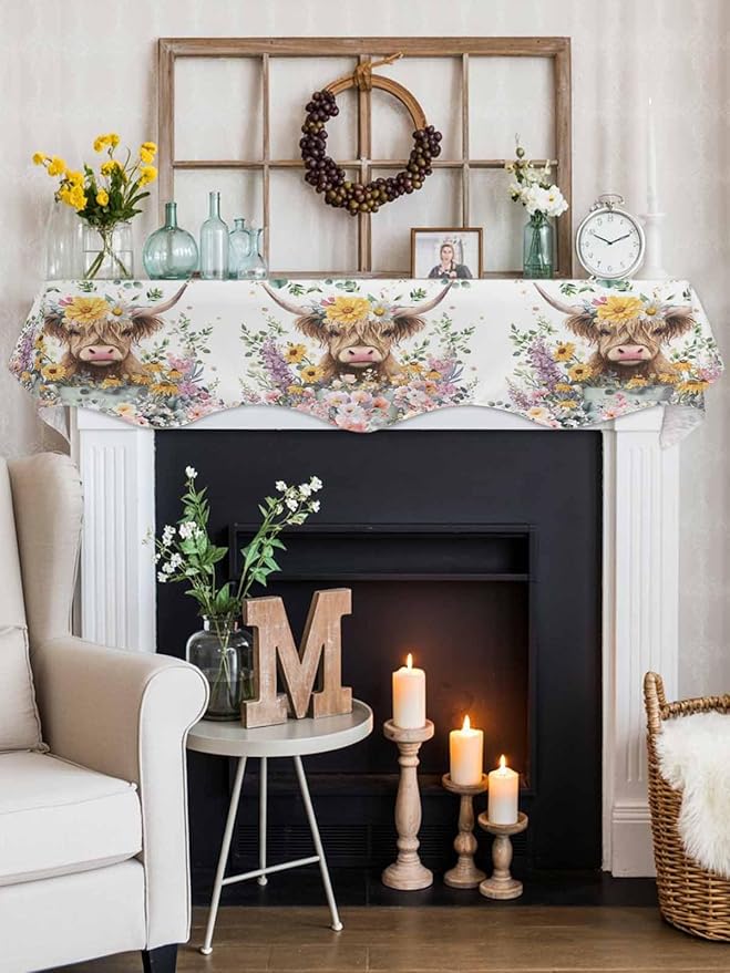 Spring Cow Floral Fireplace Mantel Scarf Table Runner, Green Eucalyptus Leaves Botanical Winter Garland Mantel Top Tablerunners Dresser Scarves Cover for Windows Party Living Room 90''x17''