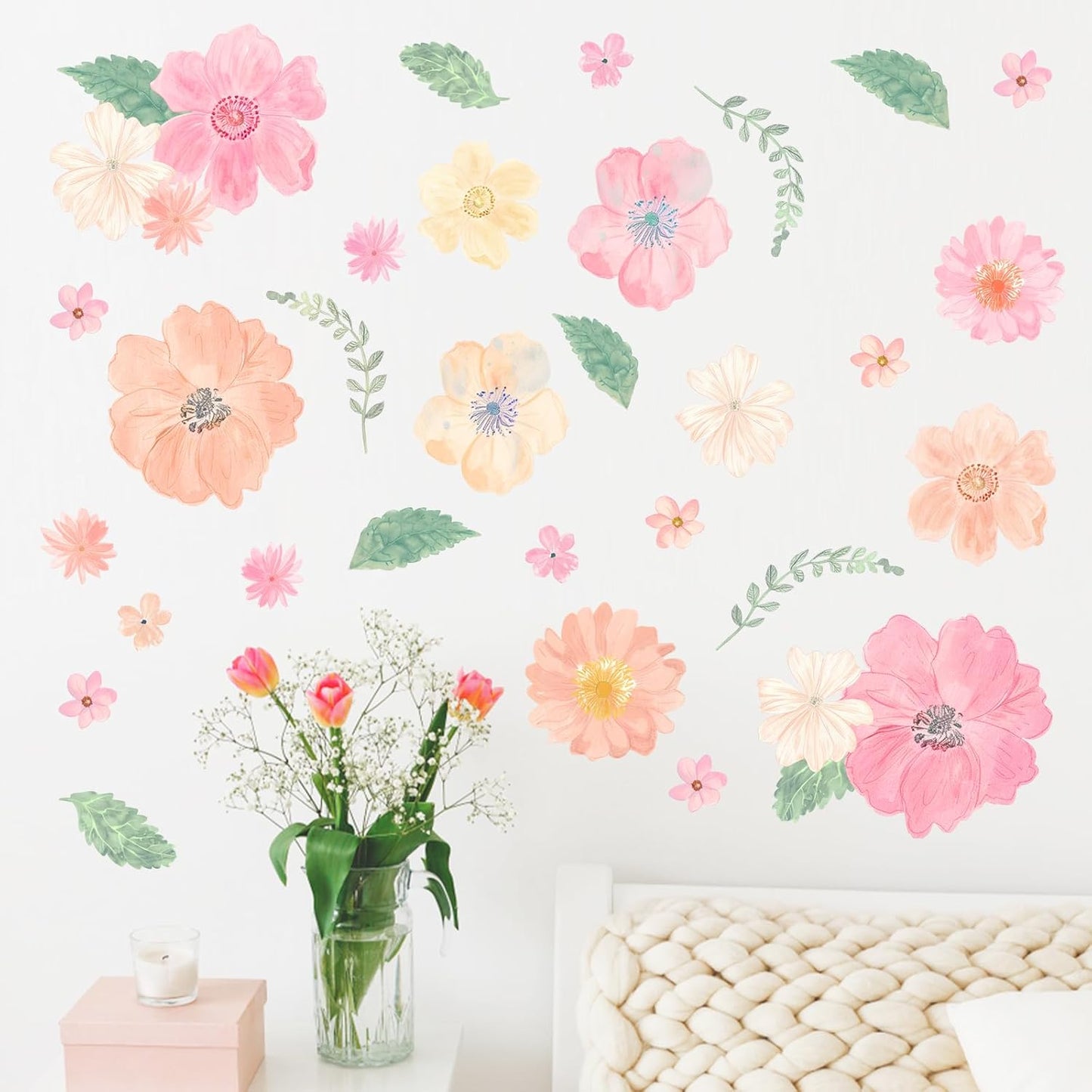 Mfault Watercolor Flower Wall Decals Stickers, Pink Poppy Floral Leaves Decorations Bedroom Art, Botanical Seasonal Home Living Room Kitchen Decor