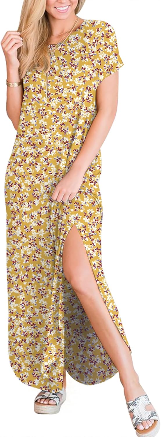 ANRABESS Womens Summer Maxi Dress Short Sleeve Casual Loose Long T Shirt Dresses Split Vacation Beach Sundress Travel Outfits