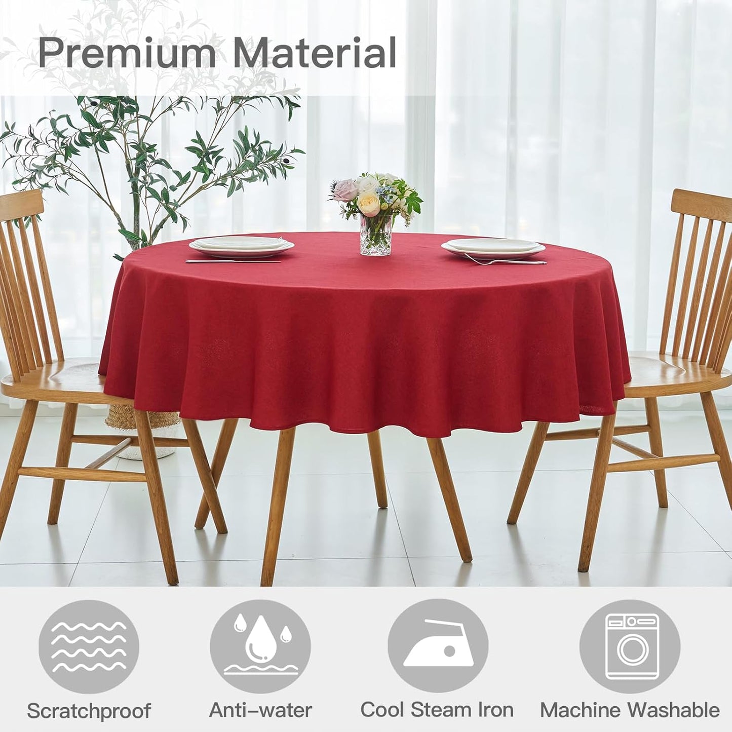 maxmill Round Linen Textured Tablecloth Spill-Proof Wrinkle Free Washable Wipeable Table Cloth for Circular Table Cover, Dining Room Tablecloths Banquet Christmas Party Holiday Dinner, 70 Inch, Red