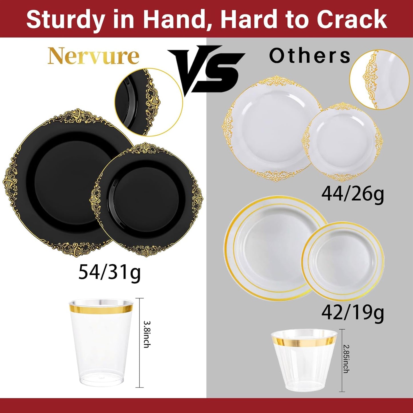 Nervure 350PCS Black Plastic Plates - Black Plastic Dinnerware Sets for 50 Guests - 100 Disposable Plates, 150 Gold Silverware, 50 Cups, 50 Napkins for Wedding & Party & Halloween