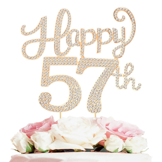 Happy 57th Birthday Decorations,57th Birthday Gold Rhinestone Cake Topper - Cheers to 57 Years Old Bday Party Metal Sparkly Cake Centerpieces Sign.