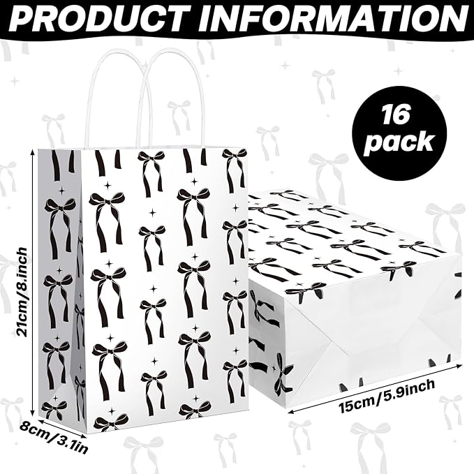 Kolldenn 16 Pcs Coquette Black Bow Paper Gift Bags Women Mother's Day Birthday Favor Goodie Candy Bags with Handles for Bridal Engagement Baby Shower Party Supplies