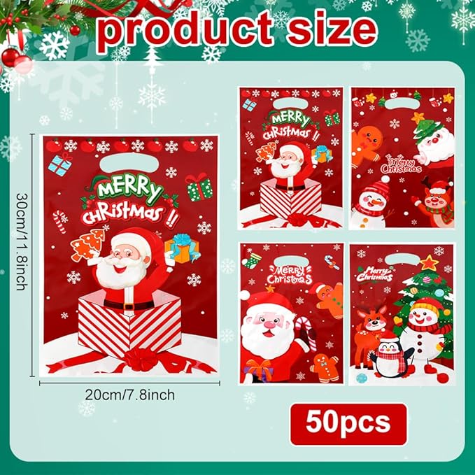 Christmas Gift Bags with Handles, 50Pcs Small Christmas Treat Bags Bulk Plastic Goodie Bag for kids, Snowman Santa Claus Candy Cookie Snacks Party Favor Bag for Xmas Holiday Party Decoration Supplies