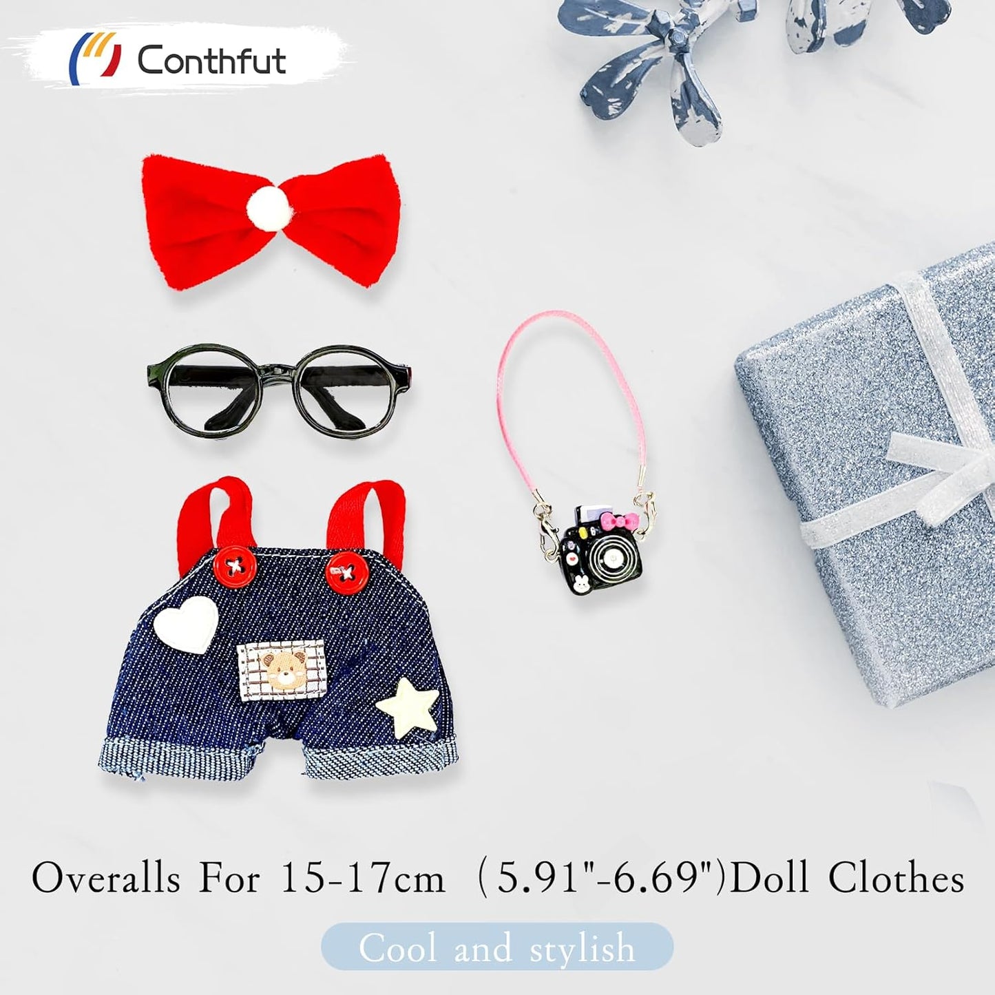 Overalls Doll Clothes,17cm/15cm Dolls Outfit Set,Stylish Clothes Set Dress Up (No Doll) (Blue Overalls Suit+Bow)