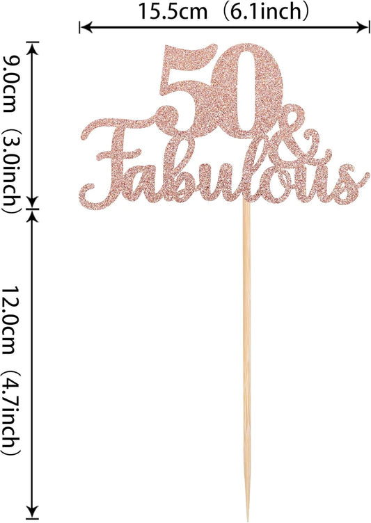 1 PCS 50 & Fabulous Cake Topper Glitter Fifty and Fabulous Cake Toppers Happy 50th Birthday Cake Pick for 50th Wedding Anniversary Birthday Party Cake Decorations Supplies Rose Gold