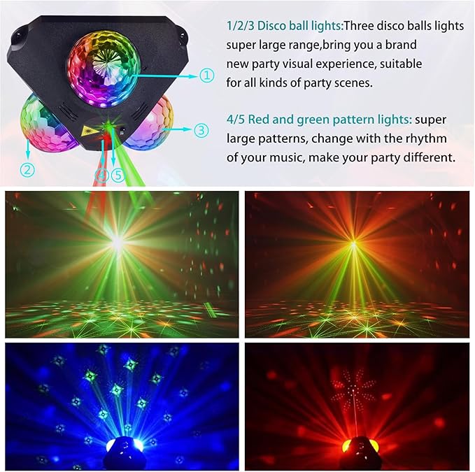 DJ Party Lights Disco Ball Light,Sound Activated Disco Lights+Red and Green Pattern Lamp Strobe Lighting for Home Club Karaoke Christmas Halloween Birthday Wedding Dancing