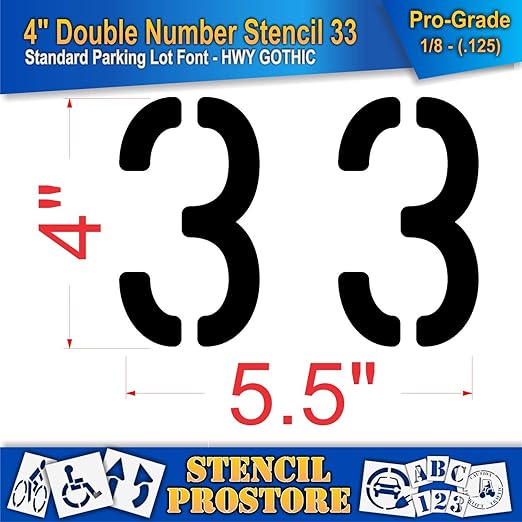 Pavement, Curb, and WheelStop Stencils - 4 inch Double Number Stencil - (33) - 4" x 5.5" x 1/8" (128 mil) - Pro-Grade