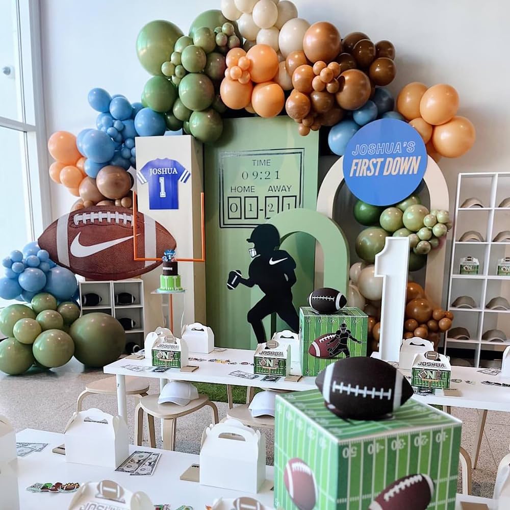 140Pcs Football Balloon Garland Arch Kit, Retro Green Blue Brown Balloons with Football Foil Balloon for Super Bowl Sport Theme Touch Down Rugby 1st Birthday Party Decorations