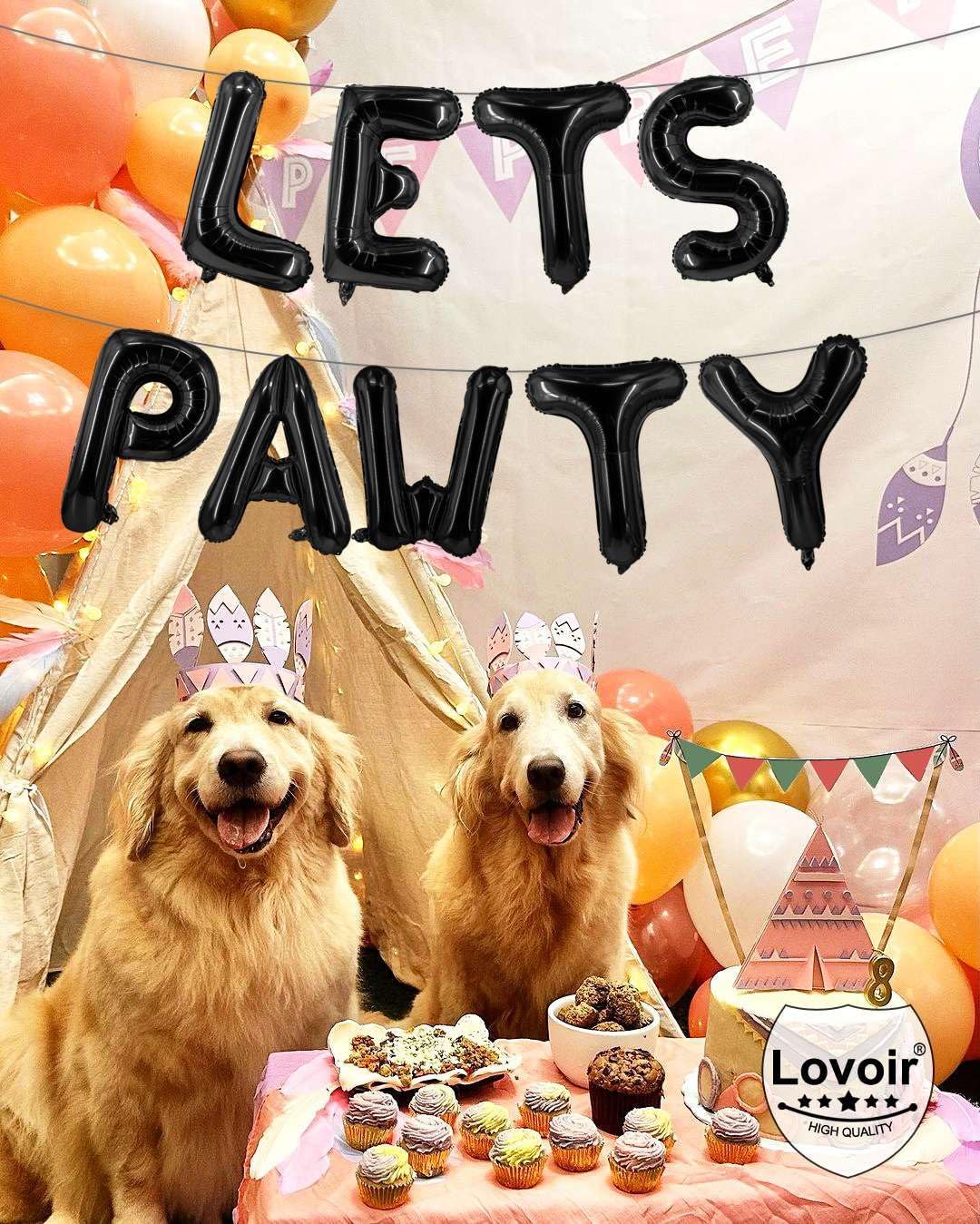 9 Pcs Lets Pawty Balloons Banner 16 Inch, Dog Cat Pet Birthday Letters Sign Lets Pawty Balloons Happy Birthday Banner for Pet Dog Cat Party Supplies Decorations (Black)