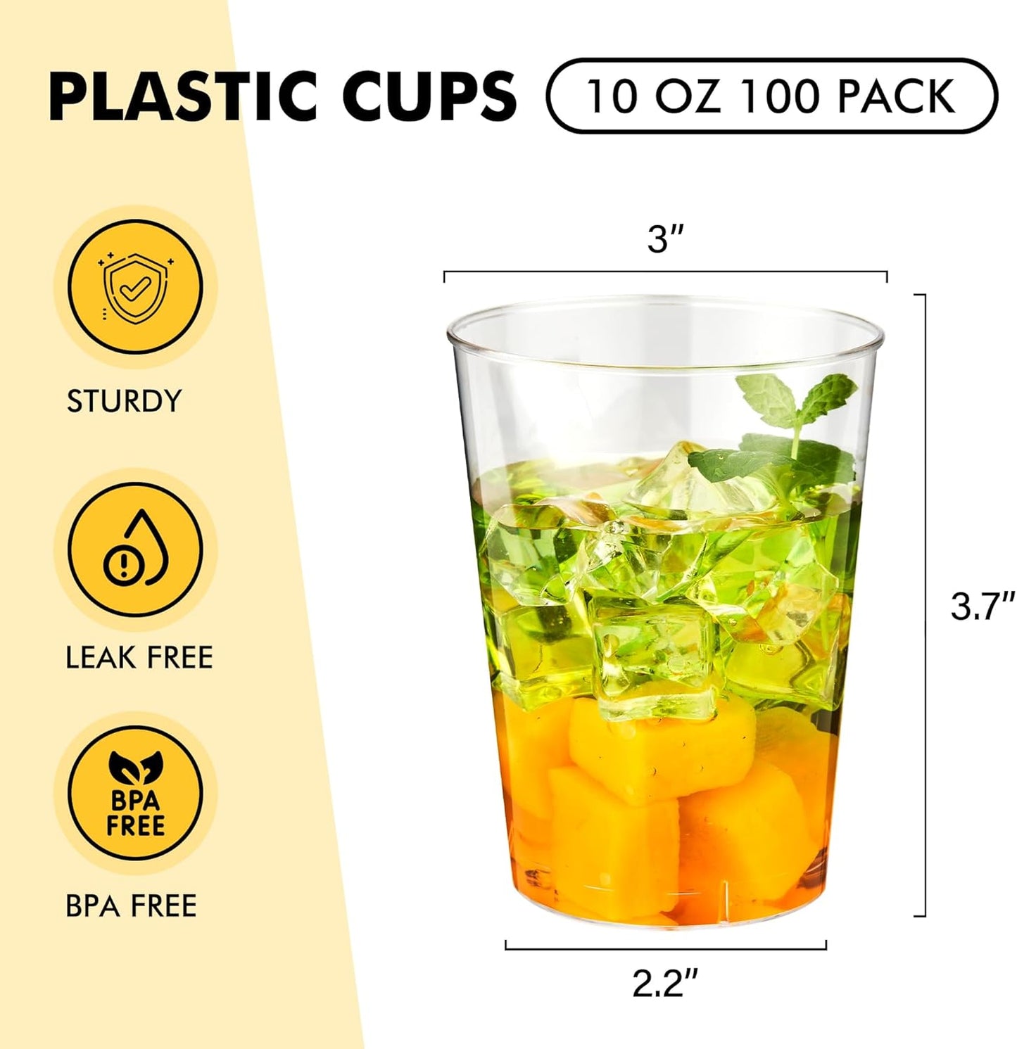 RACETOP 10 oz Clear Disposable Plastic Cups [100 Pack], Clear Plastic Cups Tumblers, Heavy-duty Party Glasses, Disposable Cups
