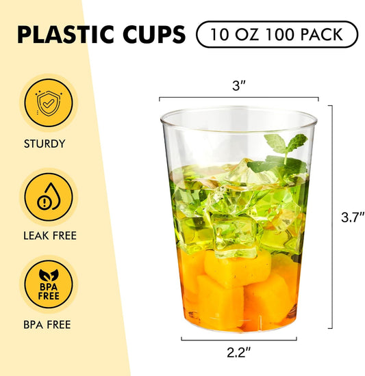 RACETOP 10 oz Clear Disposable Plastic Cups [100 Pack], Clear Plastic Cups Tumblers, Heavy-duty Party Glasses, Disposable Cups